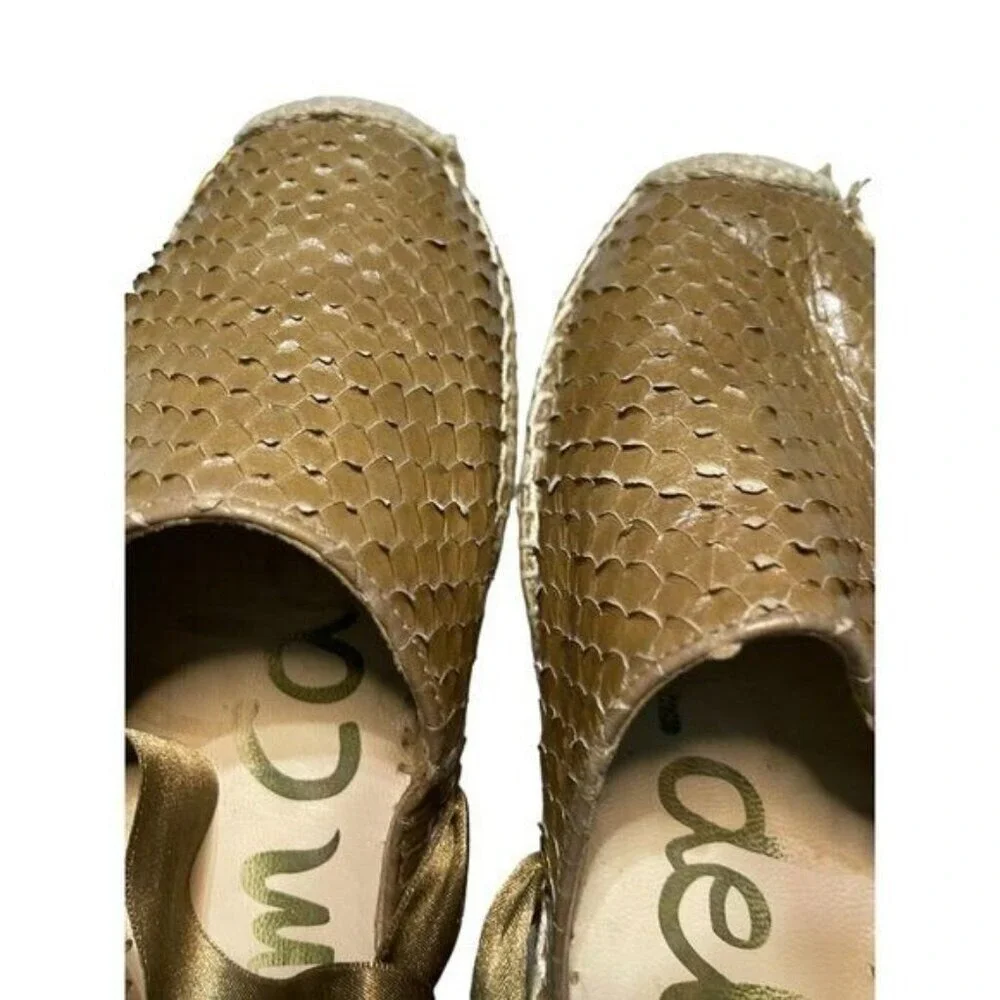 Sam Edelman Tan Scaled Lace Up Ankle Tie Espadrille Flats Brown Women Shoes‎ 38